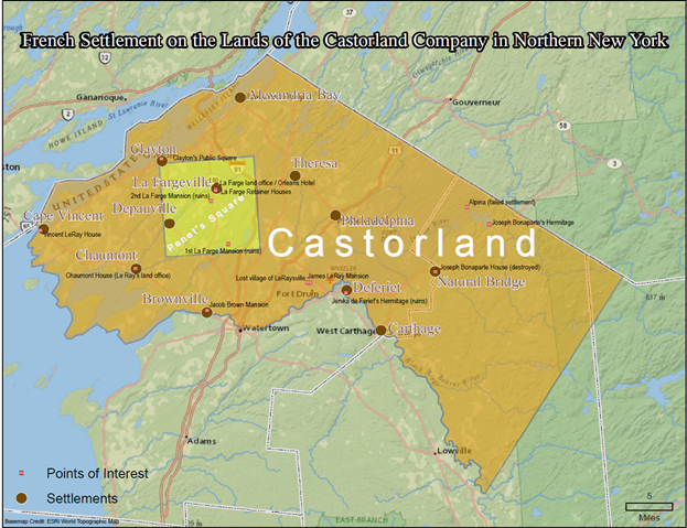 Map titled "French Settlement on the Lands of the Castorland Company in
            Northern New York". The Castorland tract is shaded across what is now
            Jefferson and Lewis counties, from Cape Vincent and Chaumont on Lake Ontario
            east to Natural Bridge and Carthage. Settlements marked include Alexandria Bay,
            Clayton, LaFargeville, Depauville, Brownville, Theresa, Philadelphia and
            Deferiet; points of interest include the Le Ray mansions and Joseph Bonaparte's
            hermitage.