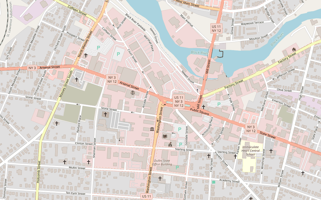The same view of downtown Watertown rendered as an OpenStreetMap street map:
                named roads, route shields, building footprints, the Black River in blue,
                and symbols for churches, parking and public buildings.